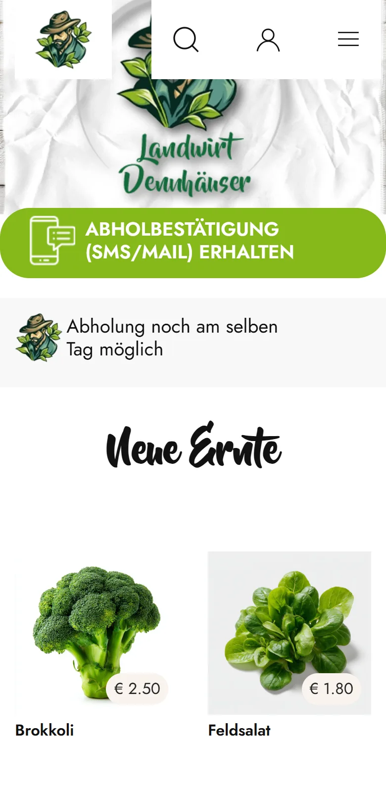 Demo-Hofladen auf dem Smartphone mit frischer Ernte